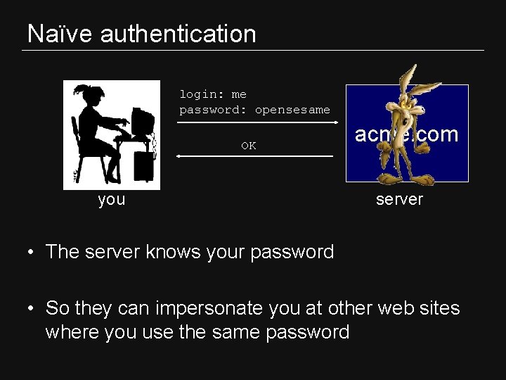 Naïve authentication login: me password: opensesame OK you acme. com server • The server