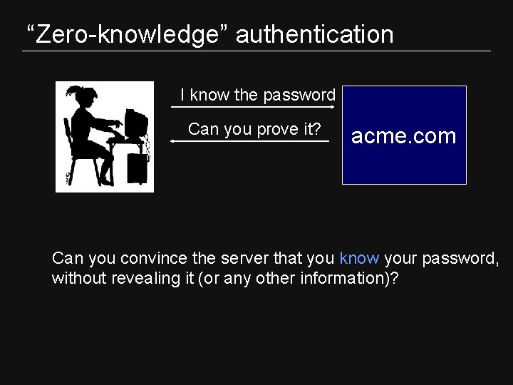 “Zero-knowledge” authentication I know the password Can you prove it? acme. com Can you