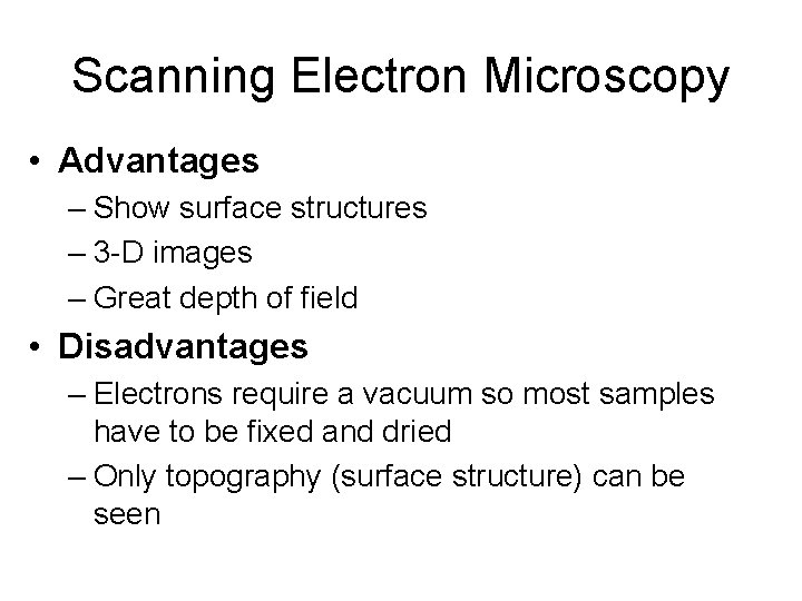 Scanning Electron Microscopy • Advantages – Show surface structures – 3 -D images –