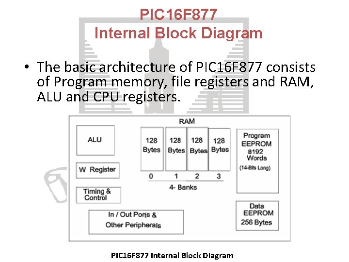 PIC 16 F 877 Internal Block Diagram • The basic architecture of PIC 16