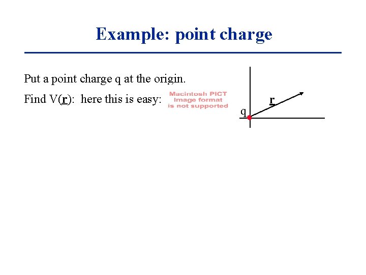 Example: point charge Put a point charge q at the origin. Find V(r): here