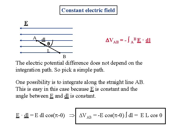 Constant electric field E A VAB = - AB E · dl • dl