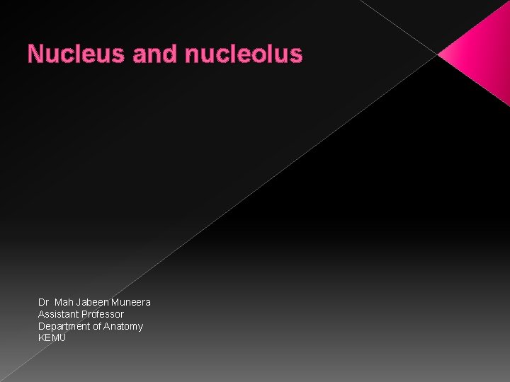 Nucleus and nucleolus Dr Mah Jabeen Muneera Assistant Professor Department of Anatomy KEMU 
