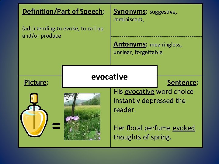 Definition/Part of Speech: (adj. ) tending to evoke, to call up and/or produce Synonyms: