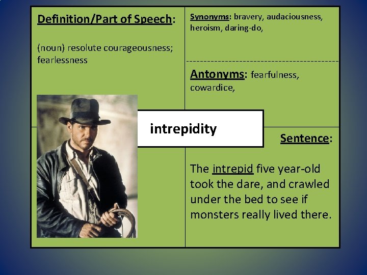 Definition/Part of Speech: (noun) resolute courageousness; fearlessness Synonyms: bravery, audaciousness, heroism, daring-do, Antonyms: fearfulness,