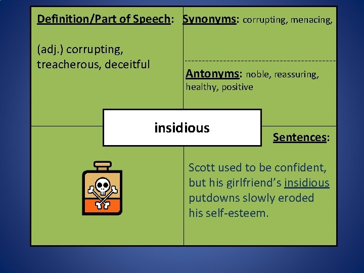 Definition/Part of Speech: Synonyms: corrupting, menacing, (adj. ) corrupting, treacherous, deceitful Antonyms: noble, reassuring,