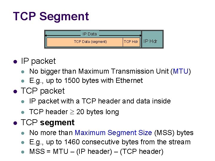 TCP Segment IP Data TCP Data (segment) l l l IP Hdr IP packet