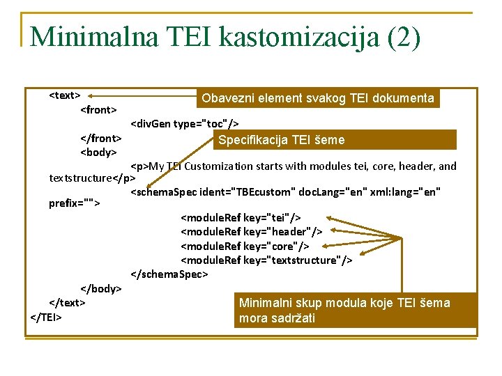 Minimalna TEI kastomizacija (2) <text> <front> </front> <body> Obavezni element svakog TEI dokumenta <div.