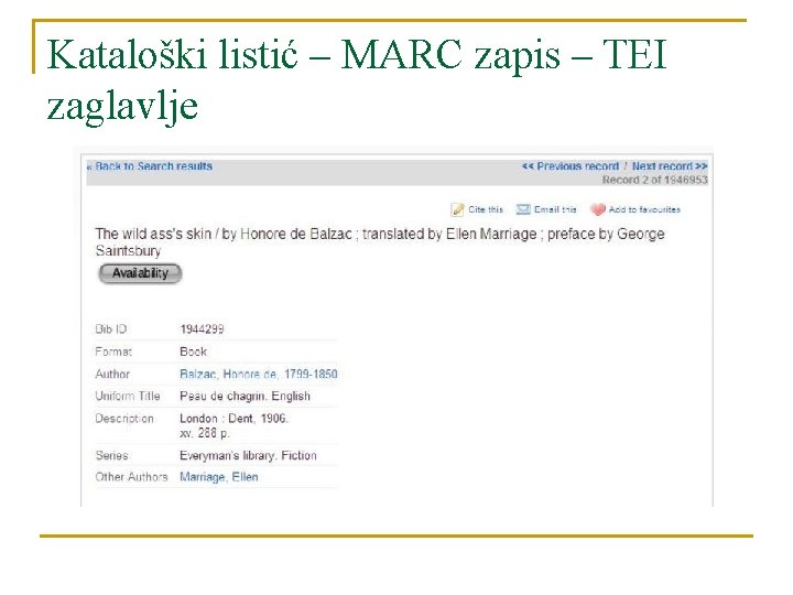 Kataloški listić – MARC zapis – TEI zaglavlje 