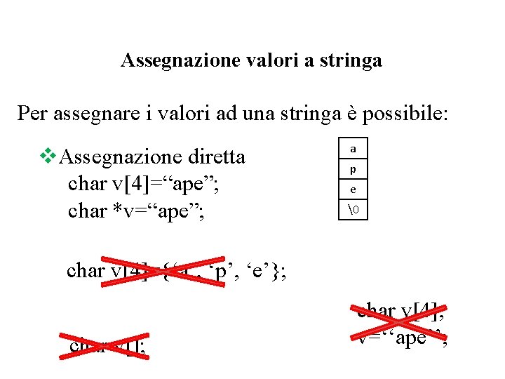Assegnazione valori a stringa Per assegnare i valori ad una stringa è possibile: v.