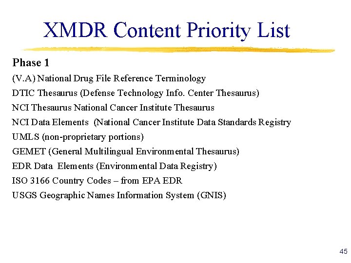 XMDR Content Priority List Phase 1 (V. A) National Drug File Reference Terminology DTIC