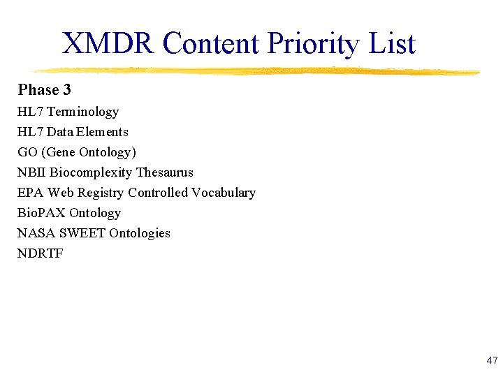 XMDR Content Priority List Phase 3 HL 7 Terminology HL 7 Data Elements GO