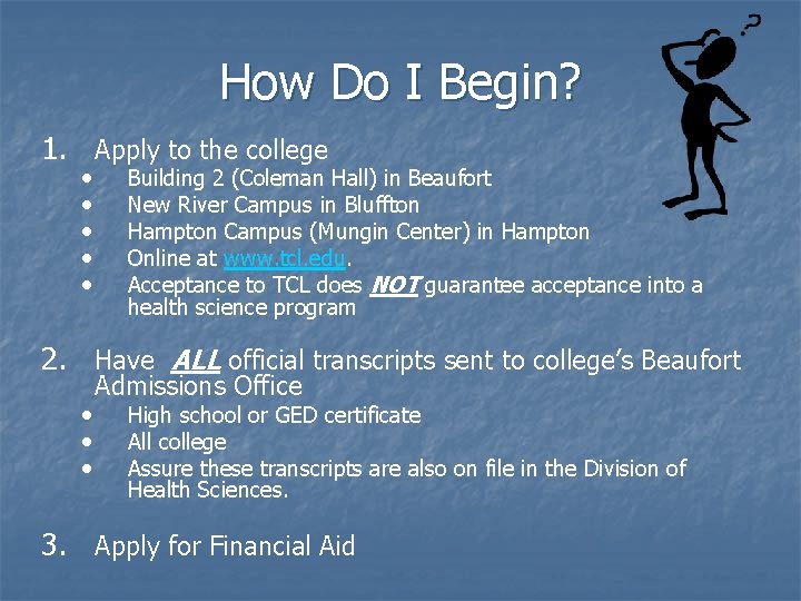 How Do I Begin? 1. Apply to the college • • • Building 2