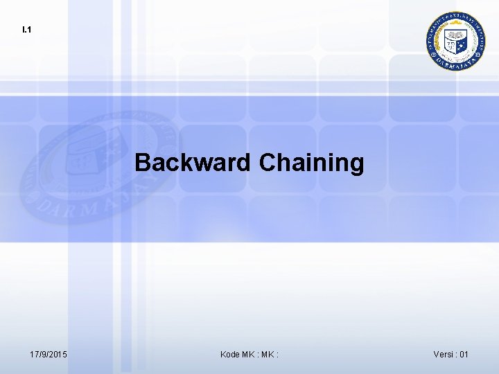 I. 1 Backward Chaining 17/9/2015 Kode MK : Versi : 01 