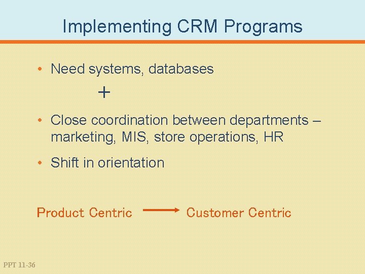 Implementing CRM Programs • Need systems, databases + • Close coordination between departments –
