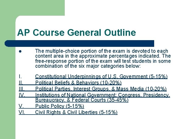 AP Course General Outline l The multiple-choice portion of the exam is devoted to