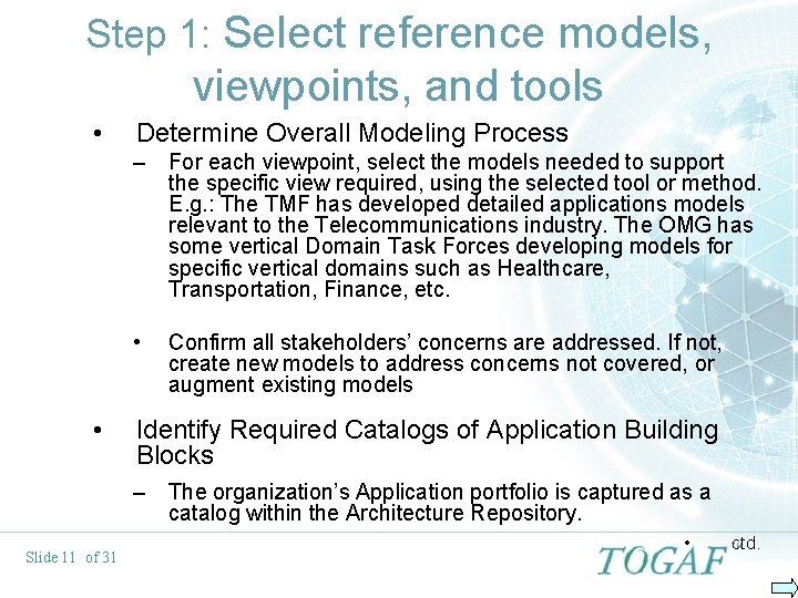 Step 1: Select reference models, viewpoints, and tools • • Determine Overall Modeling Process