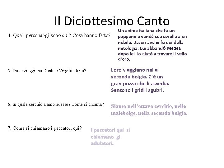 Il Diciottesimo Canto 4. Quali personaggi sono qui? Cosa hanno fatto? Un anima italiana