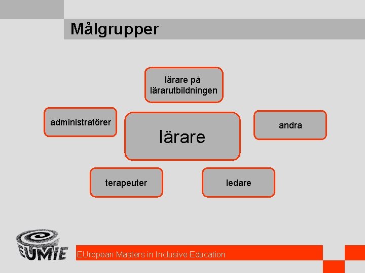 Målgrupper lärare på lärarutbildningen administratörer andra lärare terapeuter EUropean Masters in Inclusive Education ledare
