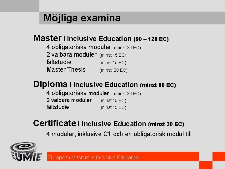 Möjliga examina Master i Inclusive Education (90 – 120 EC) 4 obligatoriska moduler (minst