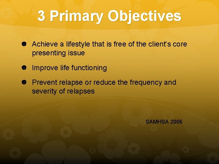 3 Primary Objectives Achieve a lifestyle that is free of the client’s core presenting