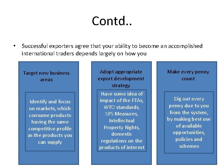 Contd. . • Successful exporters agree that your ability to become an accomplished international