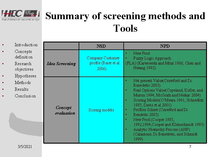 Summary of screening methods and Tools • • Introduction Concepts definition Research objectives Hypotheses