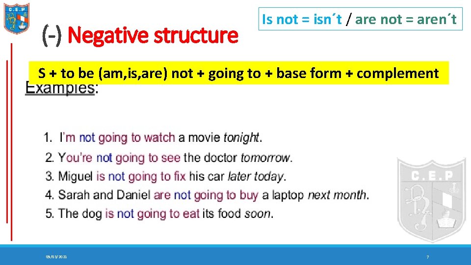 (-) Negative structure Is not = isn´t / are not = aren´t S +