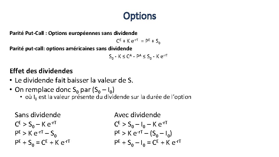 Options Parité Put-Call : Options européennes sans dividende CE + K e-r. T =