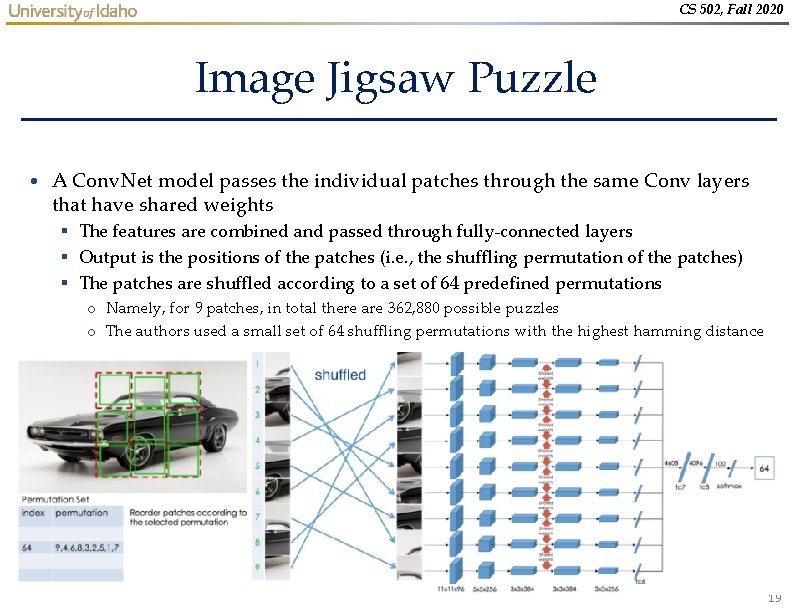 CS 502, Fall 2020 Image Jigsaw Puzzle • A Conv. Net model passes the