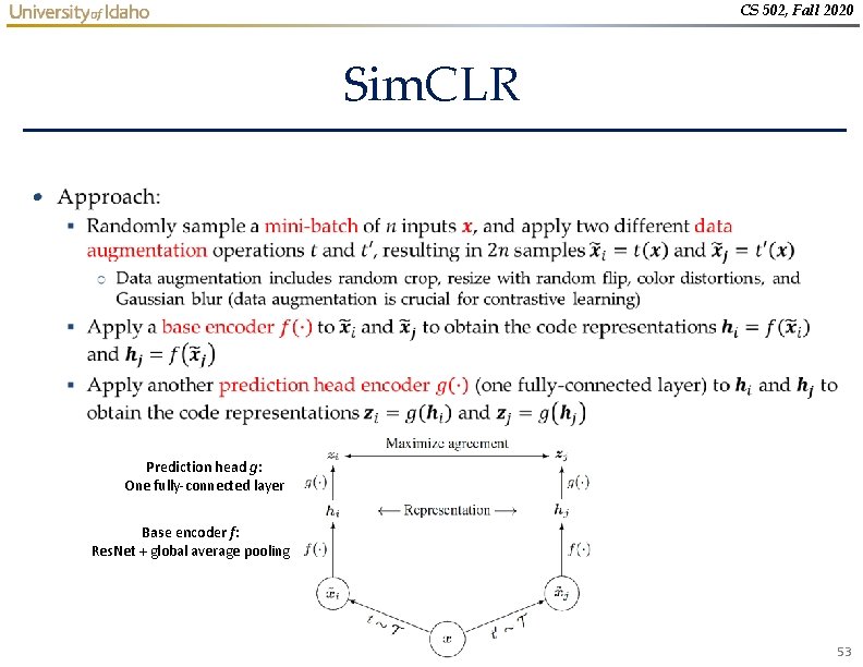 CS 502, Fall 2020 Sim. CLR • Prediction head g: One fully-connected layer Base