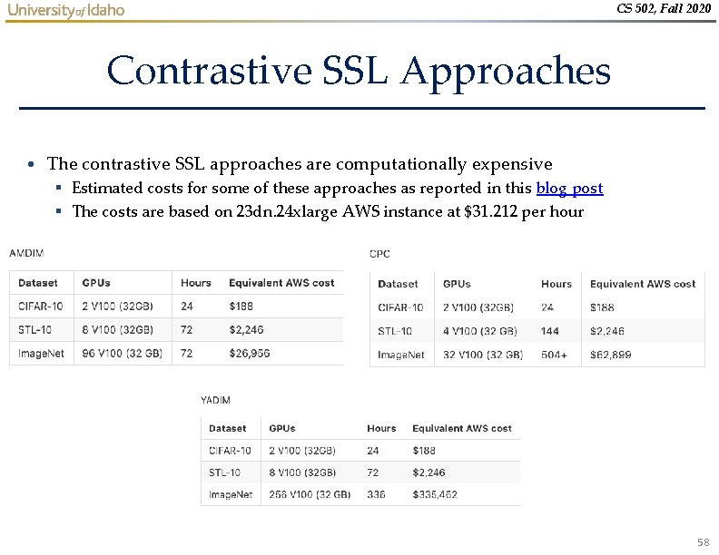 CS 502, Fall 2020 Contrastive SSL Approaches • The contrastive SSL approaches are computationally