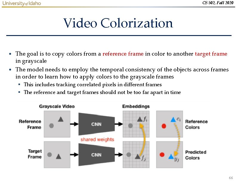 CS 502, Fall 2020 Video Colorization • The goal is to copy colors from