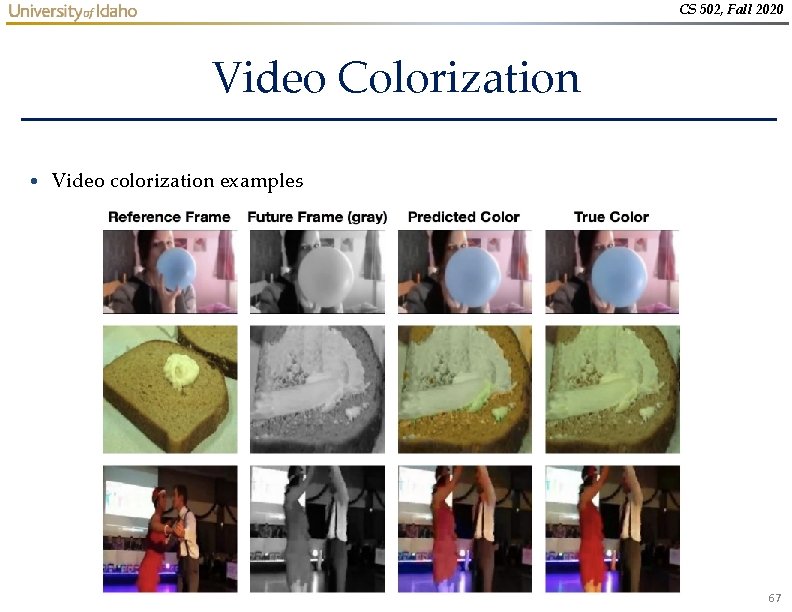 CS 502, Fall 2020 Video Colorization • Video colorization examples 67 