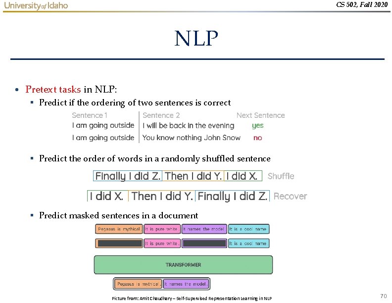 CS 502, Fall 2020 NLP • Pretext tasks in NLP: § Predict if the