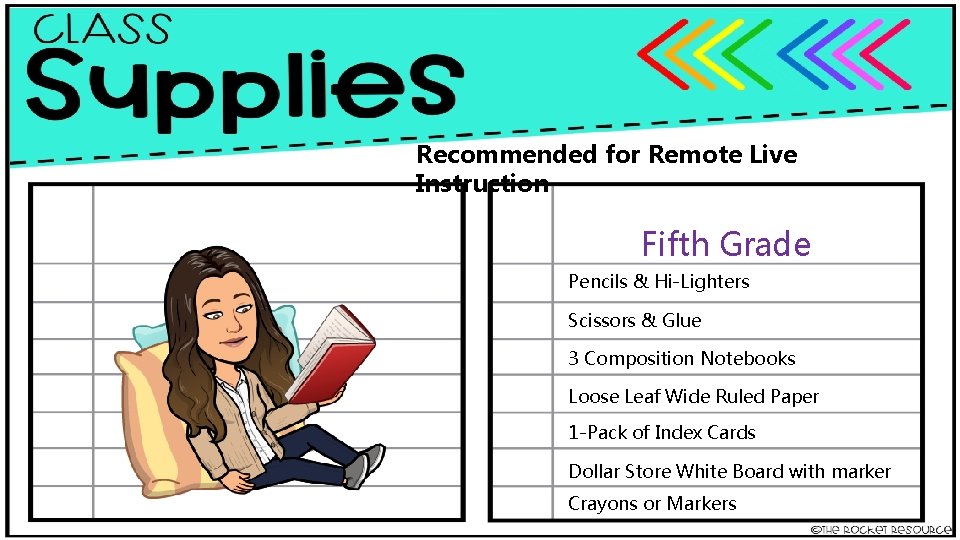 Recommended for Remote Live Instruction Fifth Grade Pencils & Hi-Lighters Scissors & Glue 3