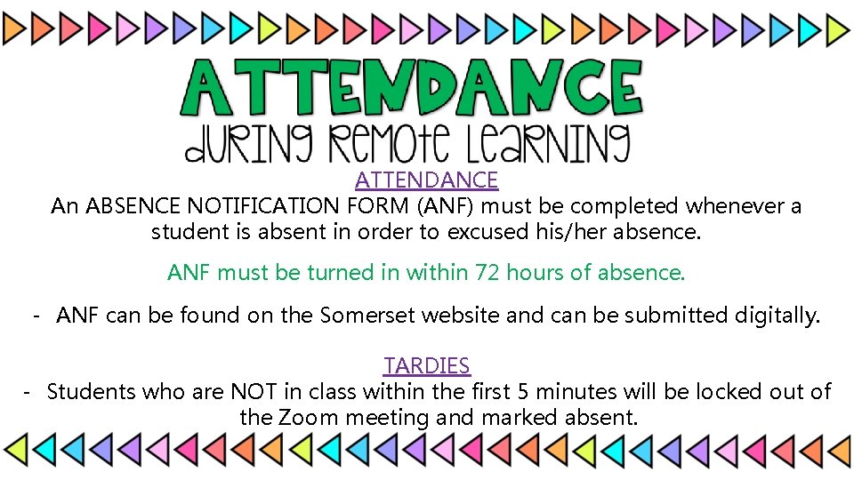 ATTENDANCE An ABSENCE NOTIFICATION FORM (ANF) must be completed whenever a student is absent