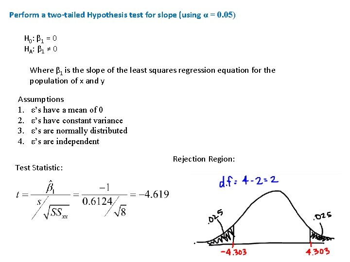 Perform a two-tailed Hypothesis test for slope (using α = 0. 05) H 0: