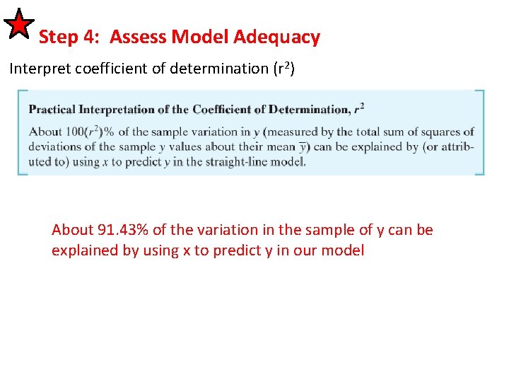 Step 4: Assess Model Adequacy Interpret coefficient of determination (r 2) About 91. 43%