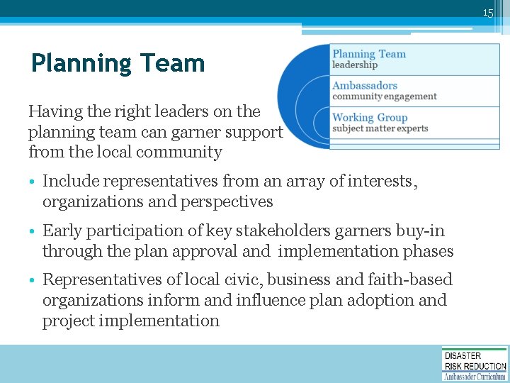 15 Planning Team Having the right leaders on the planning team can garner support