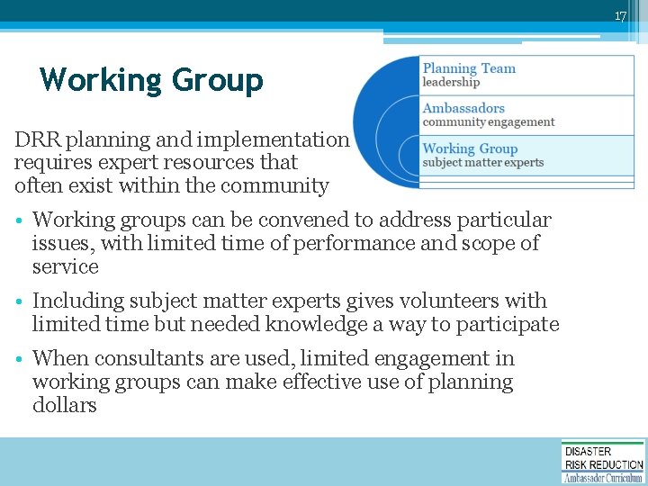 17 Working Group DRR planning and implementation requires expert resources that often exist within