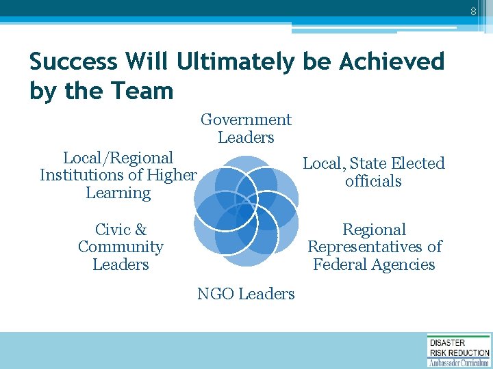 8 Success Will Ultimately be Achieved by the Team Government Leaders Local/Regional Institutions of