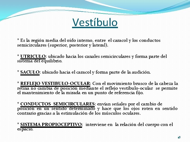 Vestíbulo * Es la región media del oído interno, entre el caracol y los