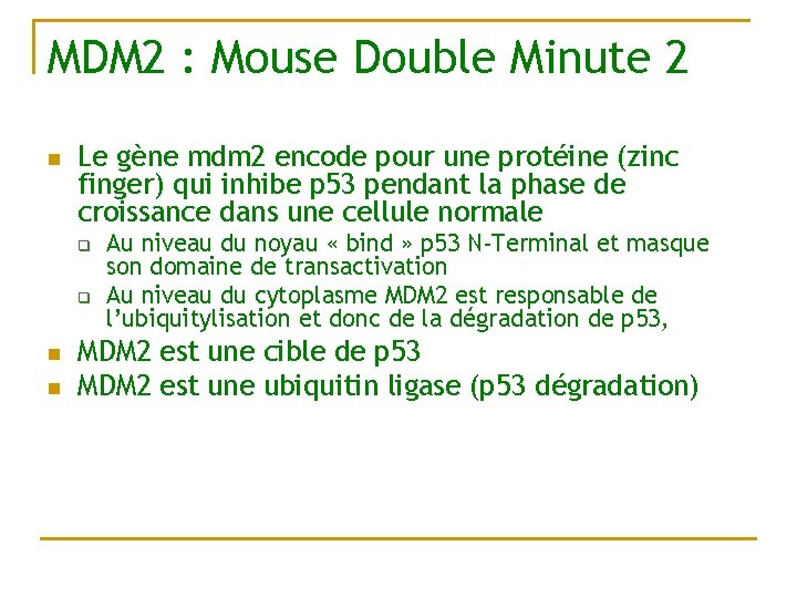 MDM 2 : Mouse Double Minute 2 n Le gène mdm 2 encode pour