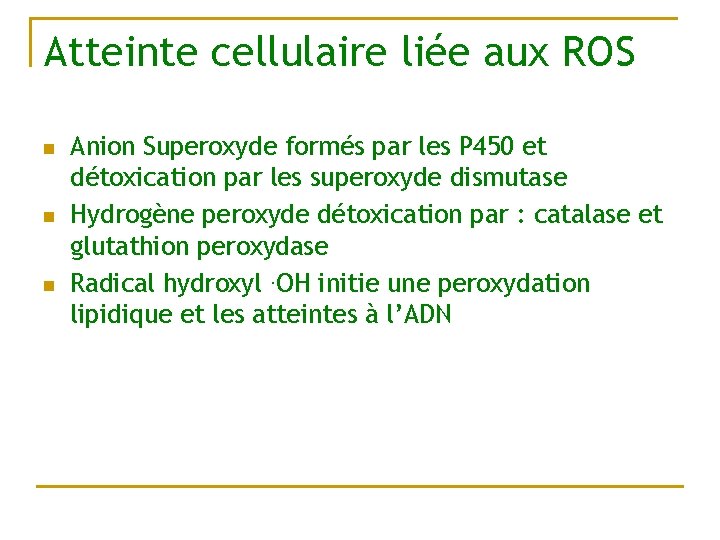 Atteinte cellulaire liée aux ROS n n n Anion Superoxyde formés par les P