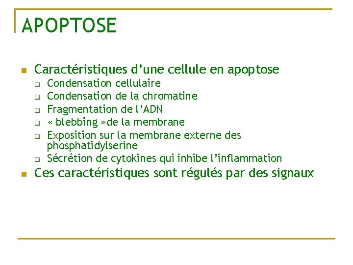 APOPTOSE n Caractéristiques d’une cellule en apoptose q q q n Condensation cellulaire Condensation