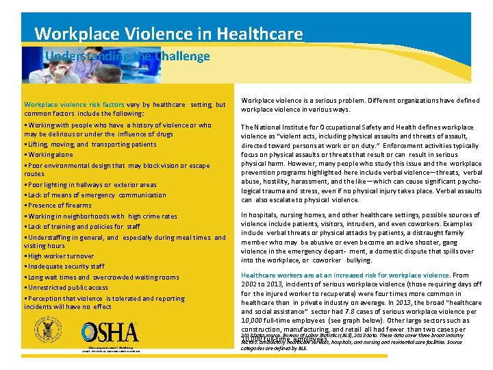 Workplace Violence in Healthcare Understanding the Challenge Workplace violence risk factors vary by healthcare