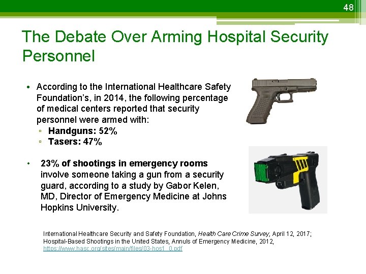 48 The Debate Over Arming Hospital Security Personnel • According to the International Healthcare