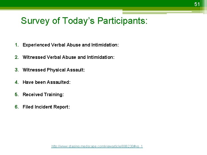 51 Survey of Today’s Participants: 1. Experienced Verbal Abuse and Intimidation: 2. Witnessed Verbal