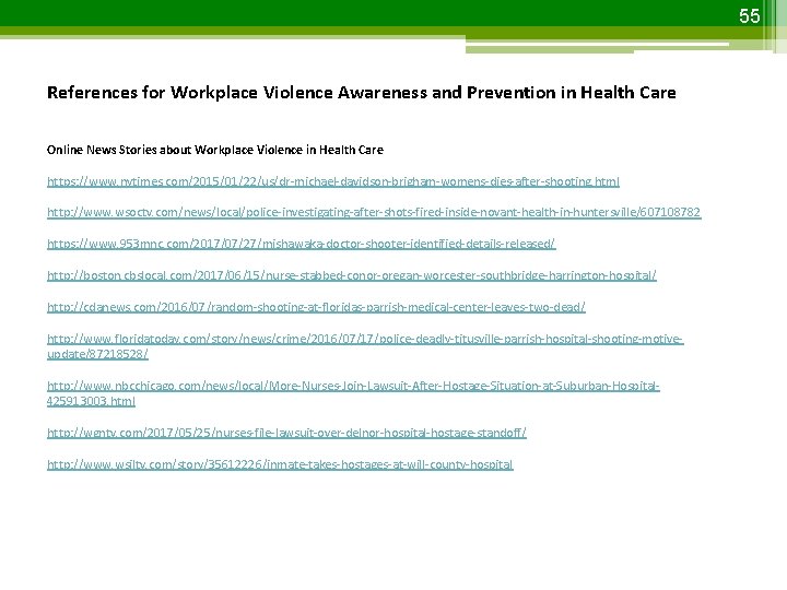 55 References for Workplace Violence Awareness and Prevention in Health Care Online News Stories